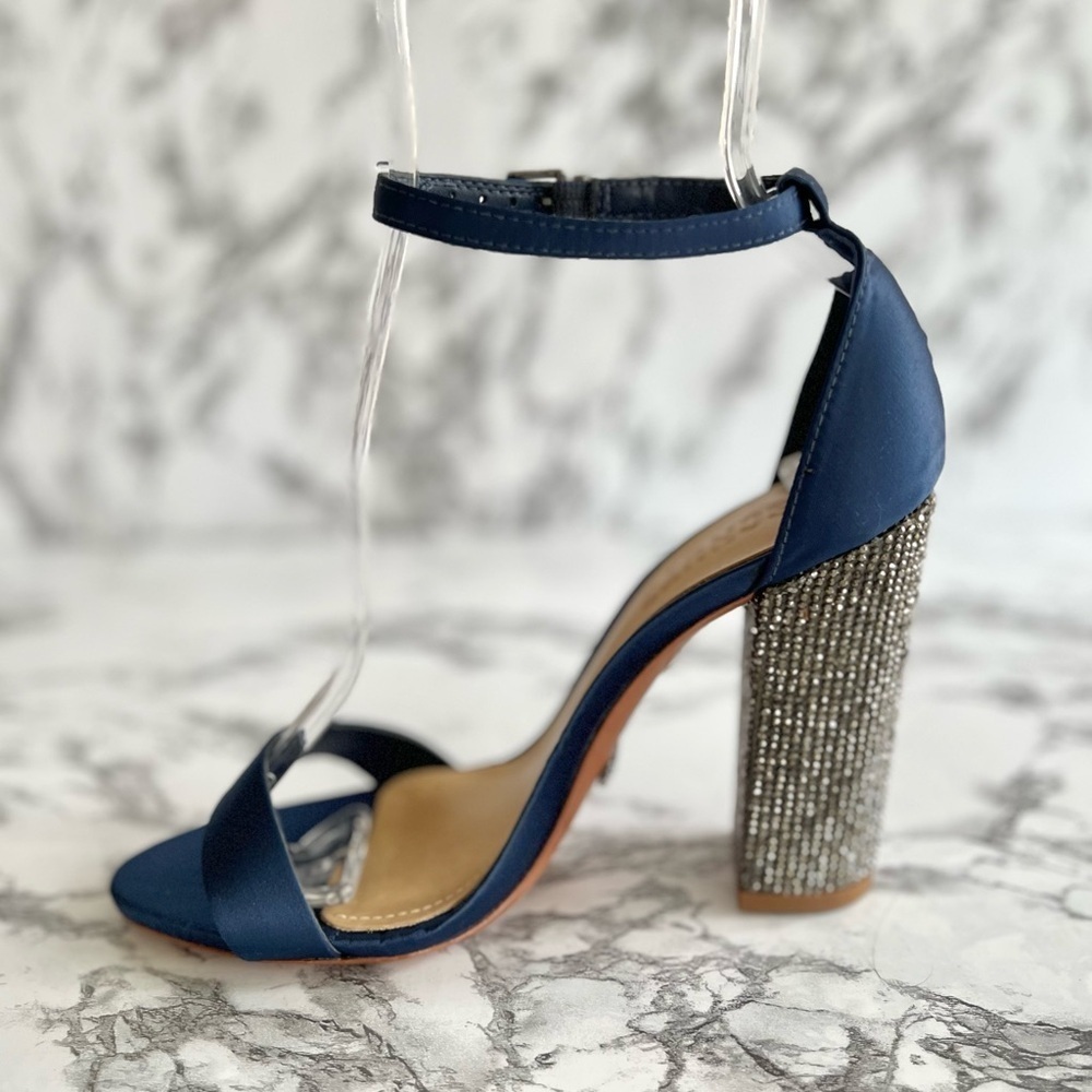 Schutz Hara Sandals Blue Satin Rhinestone Block Heel Ankle Strap 6 Cocktail Glam - Picture 10 of 17